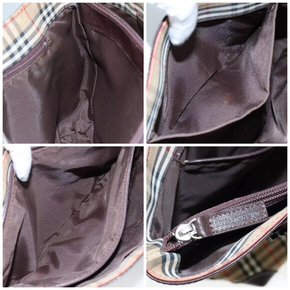 Burberrys Nova Check Hand Bag Canvas Leather Beige Brown Silver Auth - Picture 13 of 15